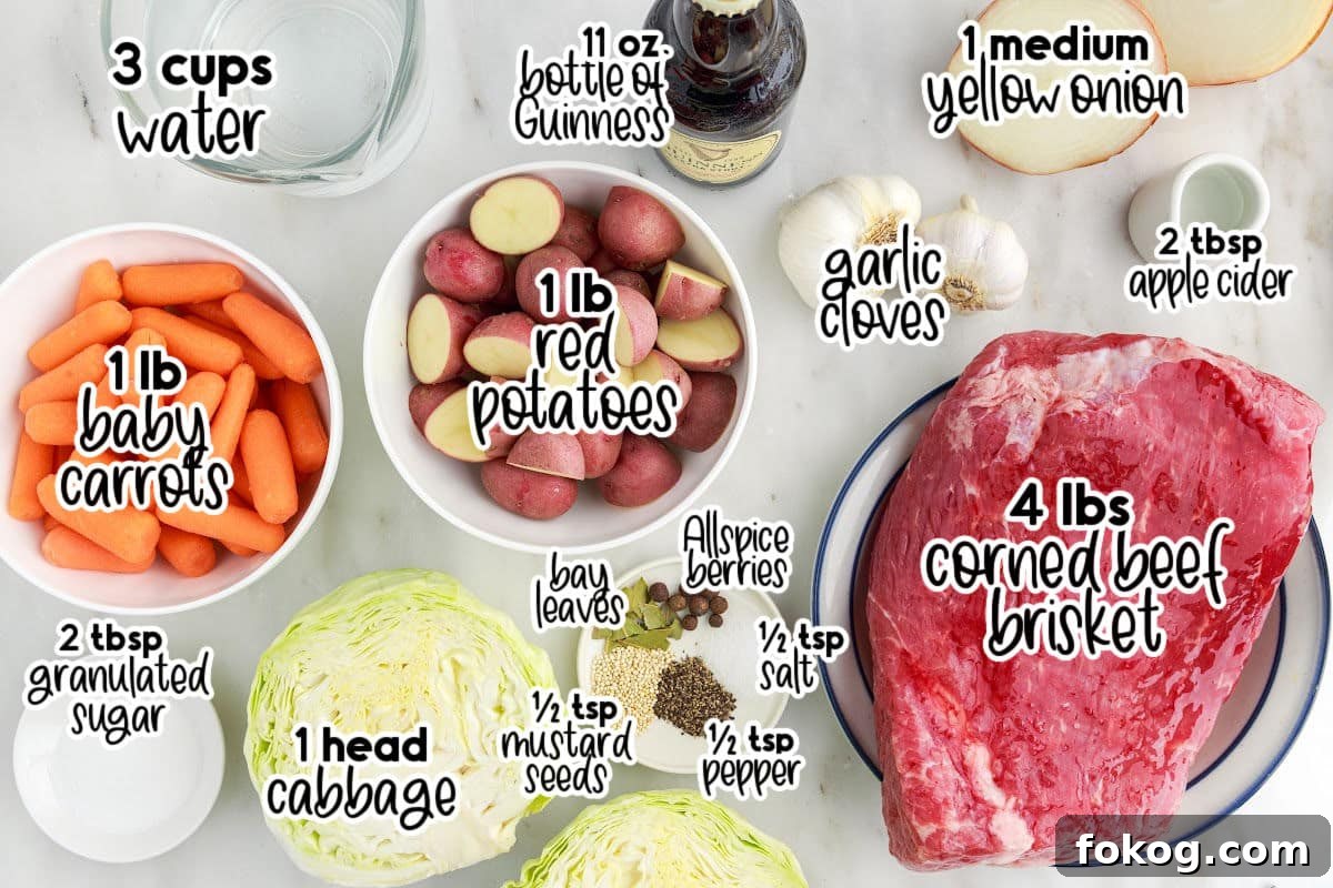 All ingredients for slow cooker corned beef and cabbage on the counter in various sized bowls and plates with text labels.