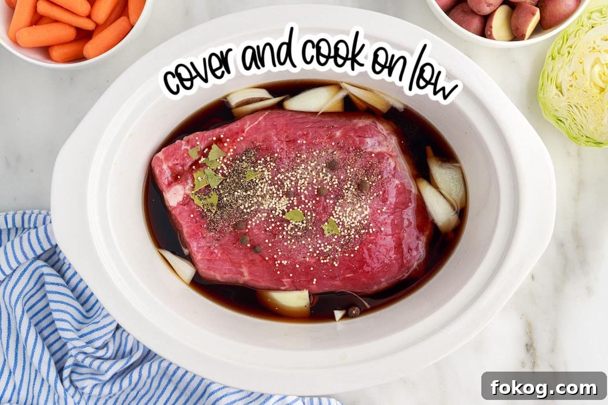 Spices poured over the brisket in the crock pot, with other ingredients in the background.