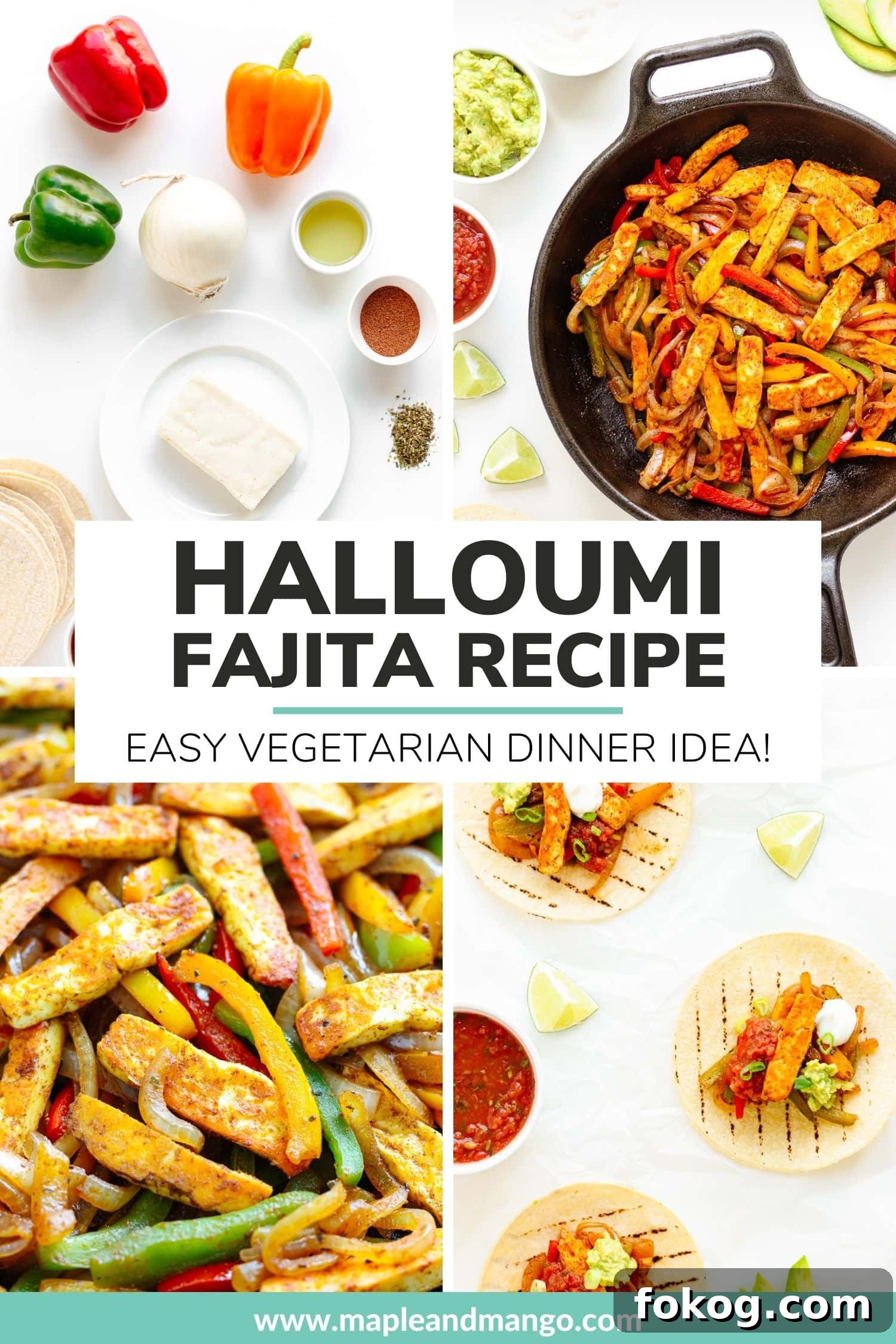 Grilled Halloumi Fajitas with Peppers and Lime crema 14 Photo collage showing different stages of making halloumi fajitas with text overlay "Halloumi Fajita Recipe: Easy Vegetarian Dinner Idea".