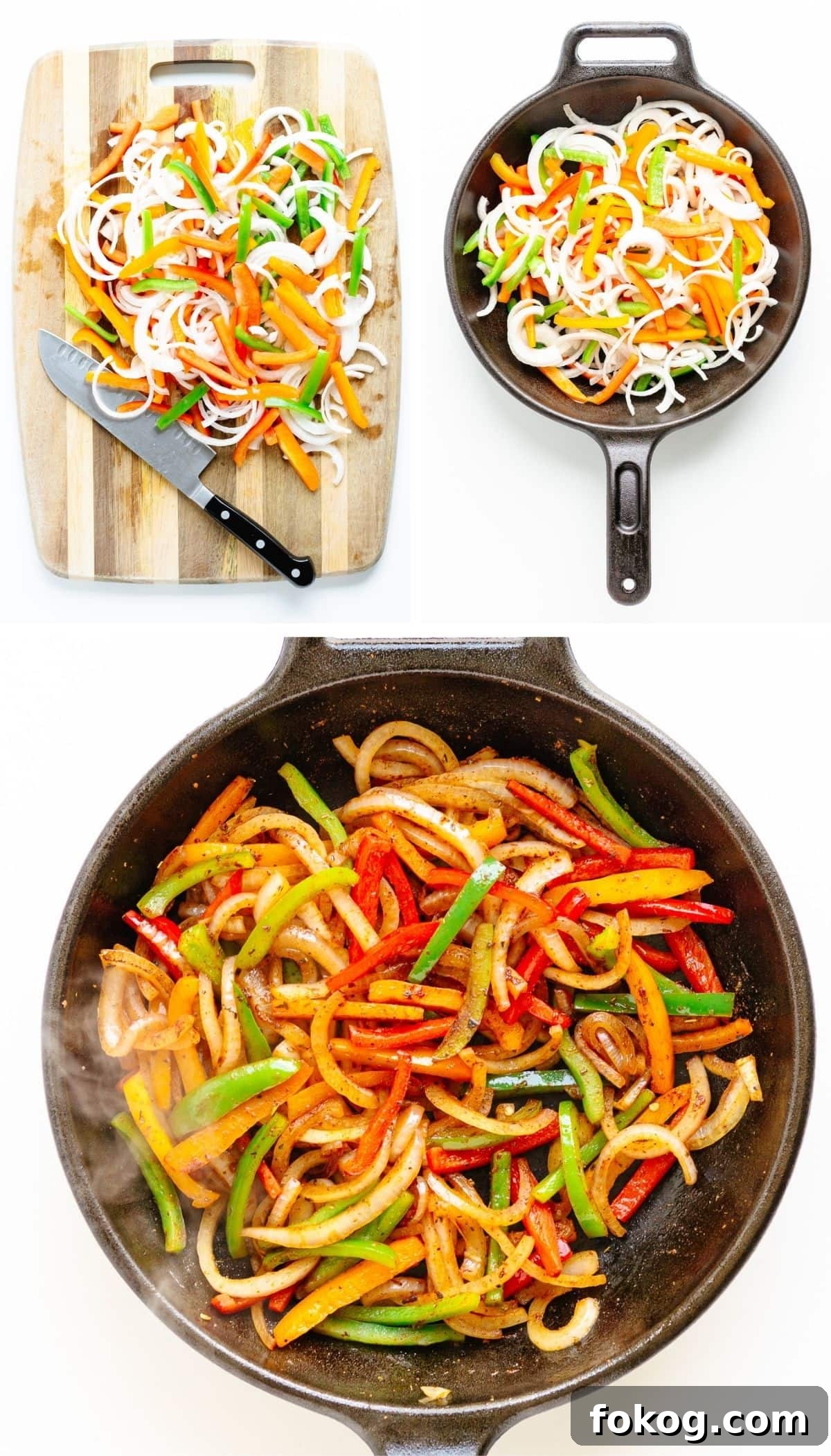 Grilled Halloumi Fajitas with Peppers and Lime crema 7 Collage of photos showing fajita veggies being made from sliced peppers and onions on a chopping board to being sautéed in a cast iron skillet.