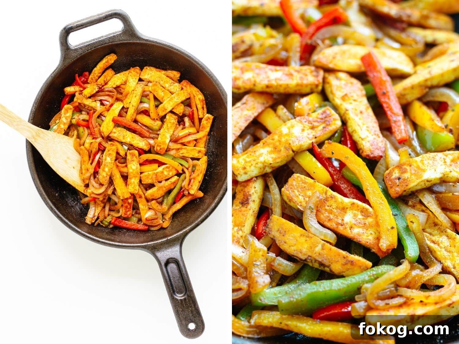 Grilled Halloumi Fajitas with Peppers and Lime crema 9 Collage showing halloumi vegetable fajita mixture being stirred in a cast iron skillet and a closeup.