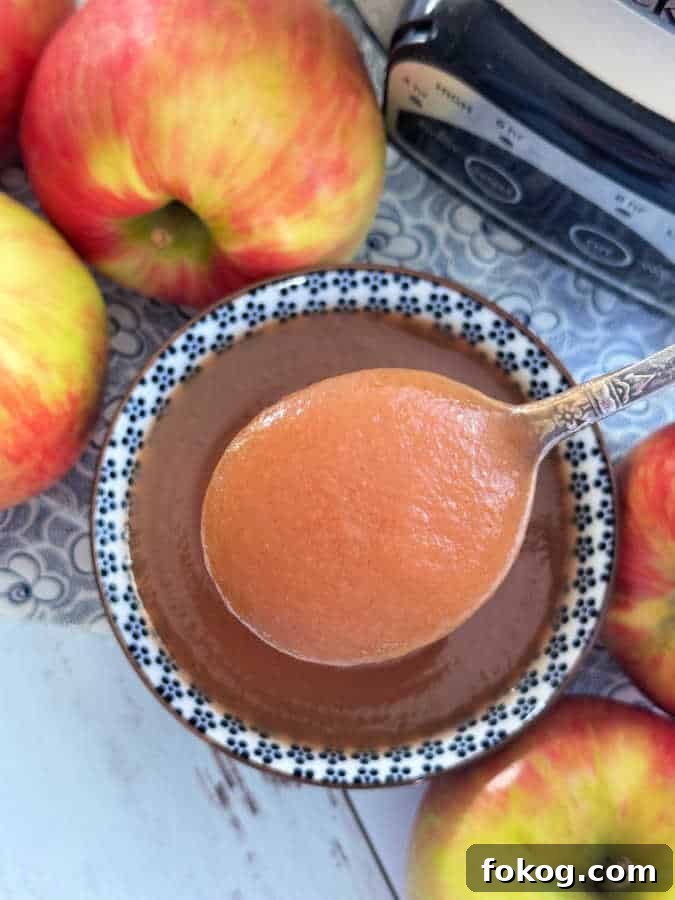 showing a close-up spoonful of slow cooker applesauce