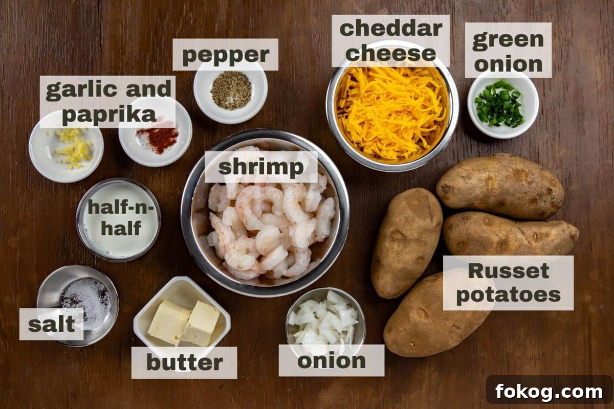 Shrimp-Stuffed Baked Potatoes with Garlic Butter Filling 3 Ingredients measured out in individual containers on wooden countertop.