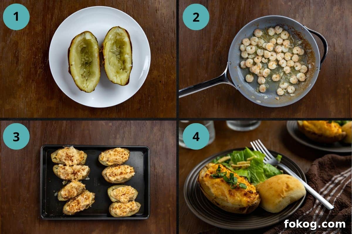 Shrimp-Stuffed Baked Potatoes with Garlic Butter Filling 4 Photo collage of recipe steps.