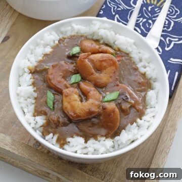 cooked shrimp stew over rice in white bowl