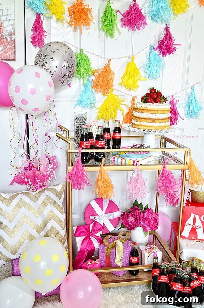 Strawberry & Cream Naked Cake with Birthday Party Cart Guide 2 Birthday Party Cart. Strawberry and Cream Naked Cake and personalized glass Coke bottles.