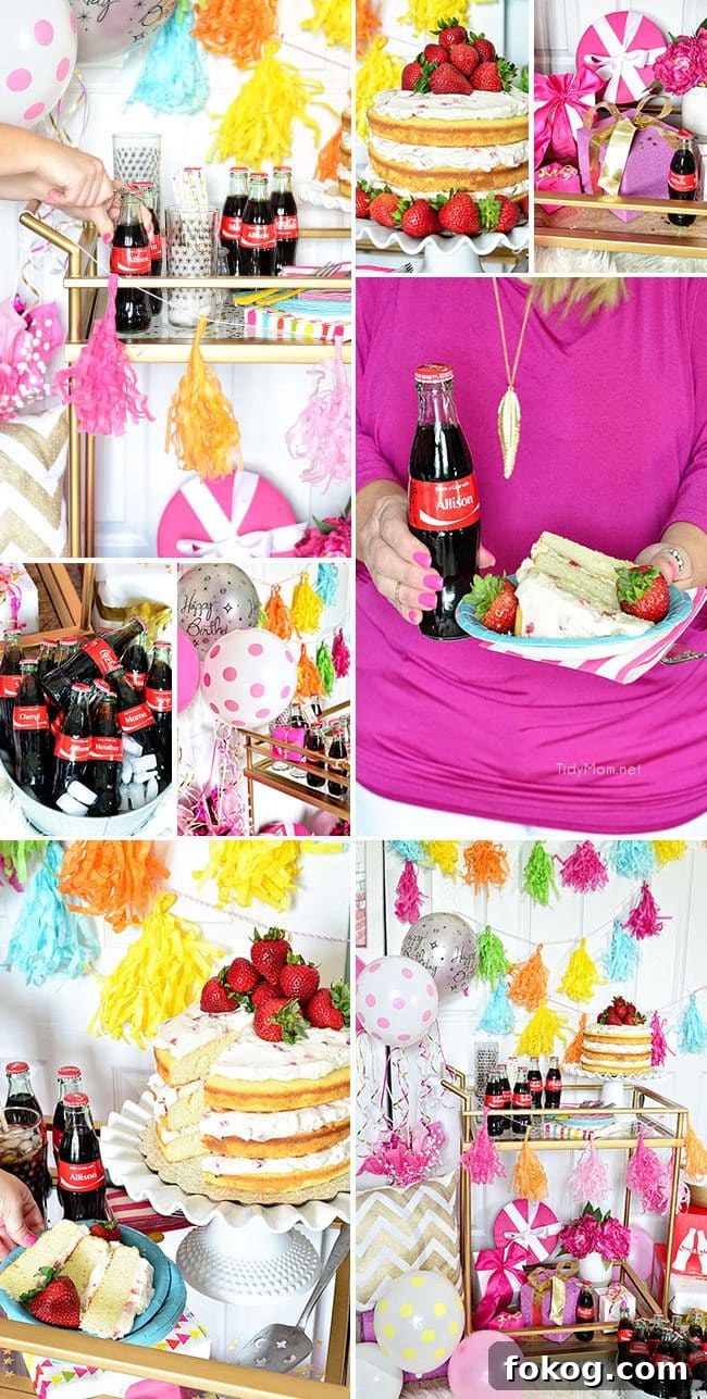 Strawberry & Cream Naked Cake with Birthday Party Cart Guide 6 Fun Birthday Party Cart. Strawberries and Cream Naked Cake and personalized Coke bottles.