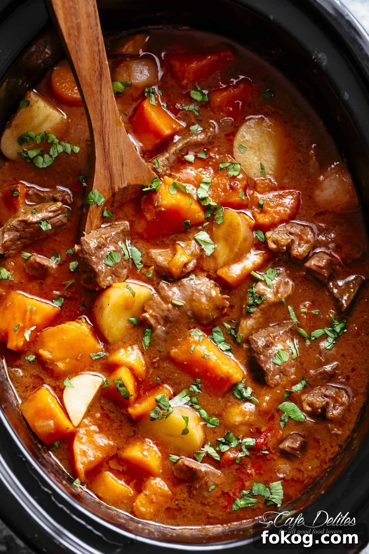 Slow Cooker Beef Stew filled with fall apart, tender beef pieces and sweet potato