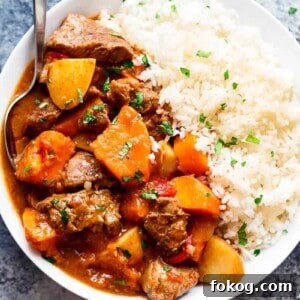 Slow Cooker Beef Stew with rice on a plate