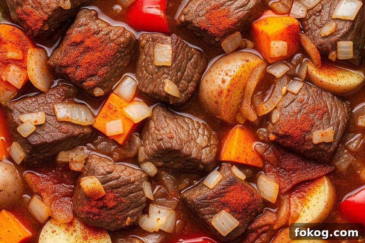 Beef and onions, tossing well to coat. Add broth, wine, tomatoes, paste, bouillon, sweet potatoes, baby potatoes, carrots, bell pepper, paprika, and bay leaves in a slow cooker.