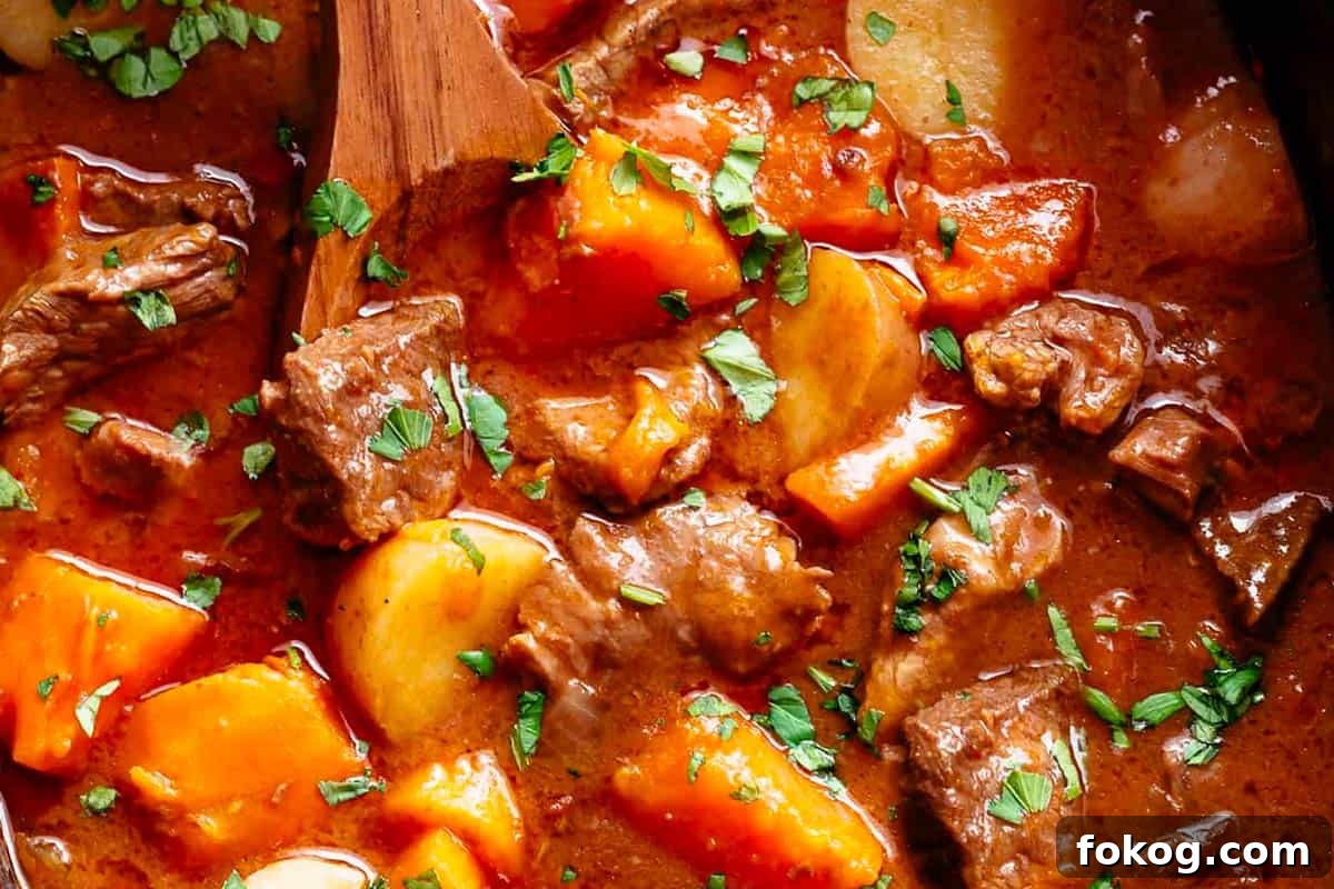 Close-up shot of Slow Cooker Beef Stew With Sweet Potatoes