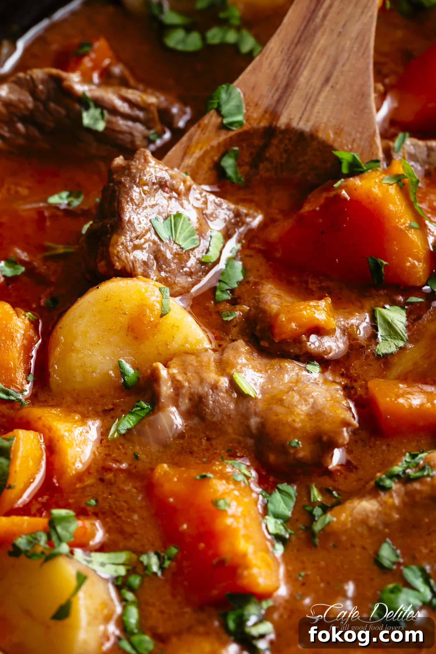 Slow Cooker Beef Stew filled with fall apart, tender beef pieces and sweet potato