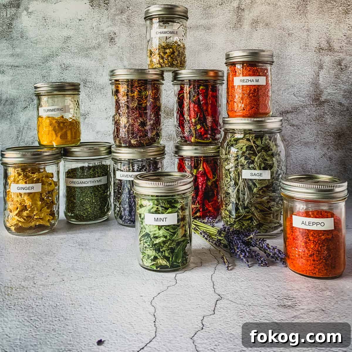 herbs and peppers stored in mason jars.