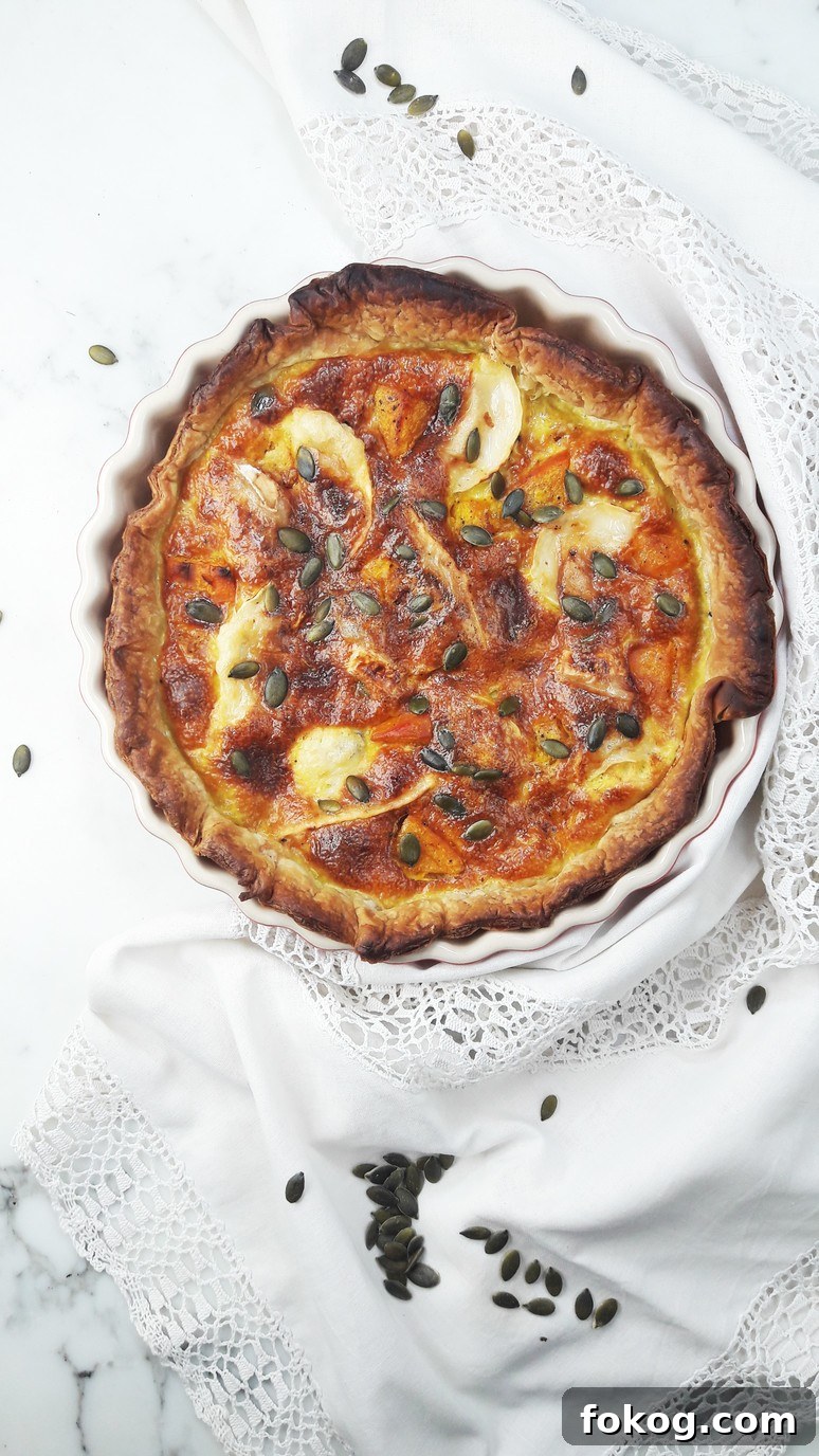 Pumpkin goat cheese quiche recipe. The perfect weeknight dinner. Fast and tasty! | ahedgehoginthekitchen.com.