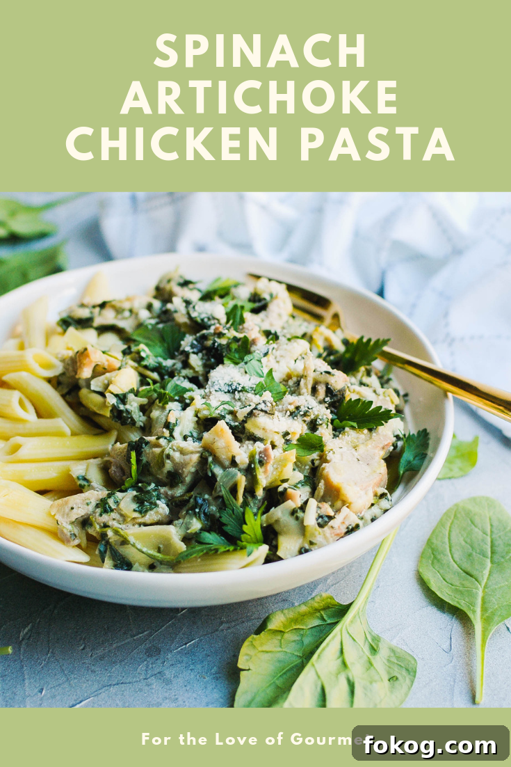Spinach artichoke chicken pasta is your new favorite dinner! Easy, fairly healthy, and it's inspired by your favorite appetizer: spinach and artichoke dip! #dinner #weeknight #spinach #artichoke #pasta