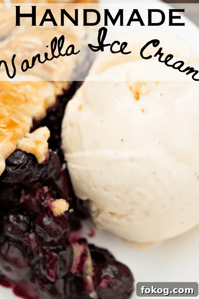 Homemade Vanilla Ice Cream (No Ice Cream Maker Needed) 2 vanilla ice cream recipe without ice cream maker and slice of blueberry pie and text