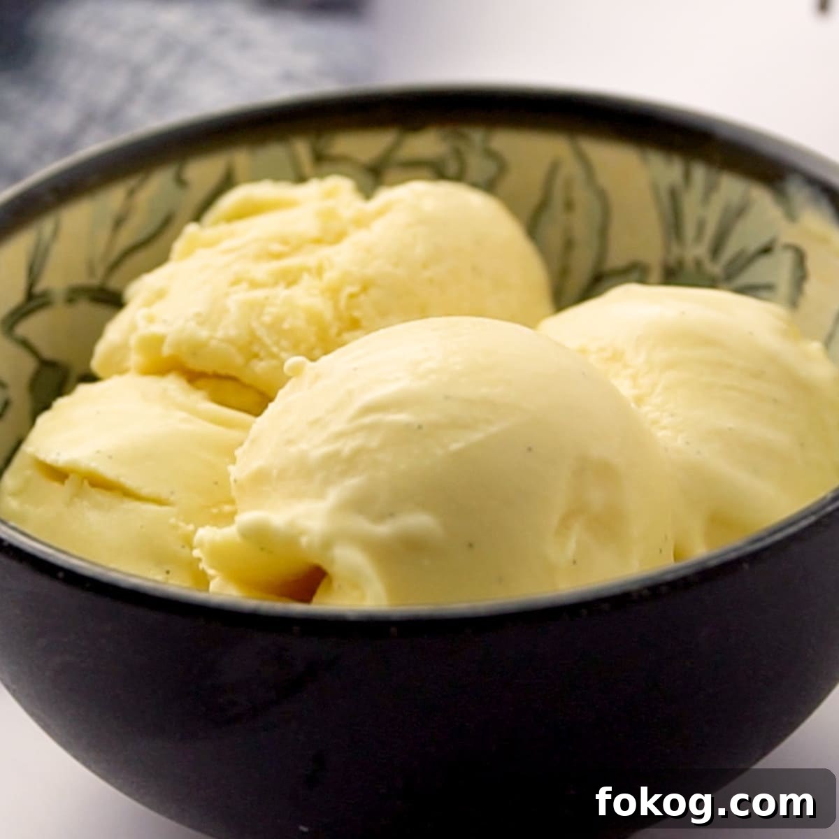 Homemade Vanilla Ice Cream (No Ice Cream Maker Needed) 9 homemade vanilla ice cream scooped and served in a bowl (1)