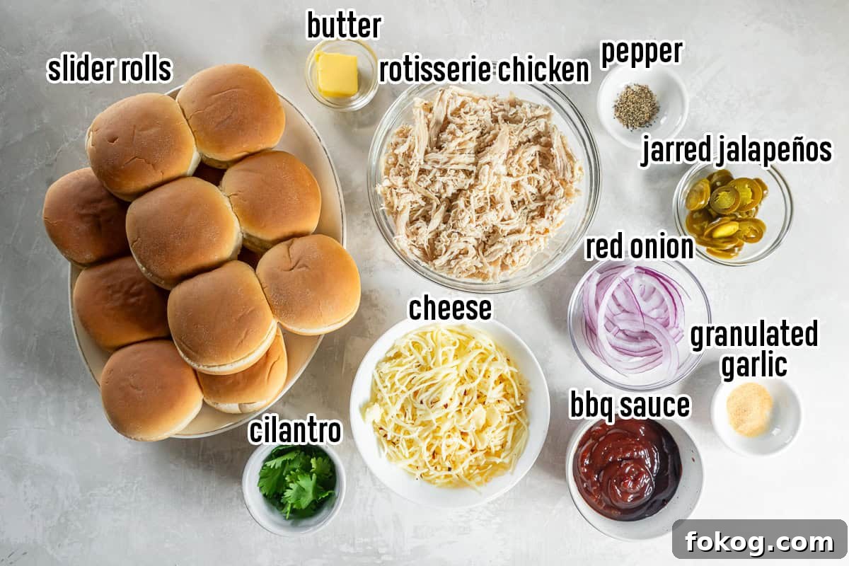 Shredded rotisserie chicken, slider rolls, bbq sauce and other ingredients in bowls with text overlay.