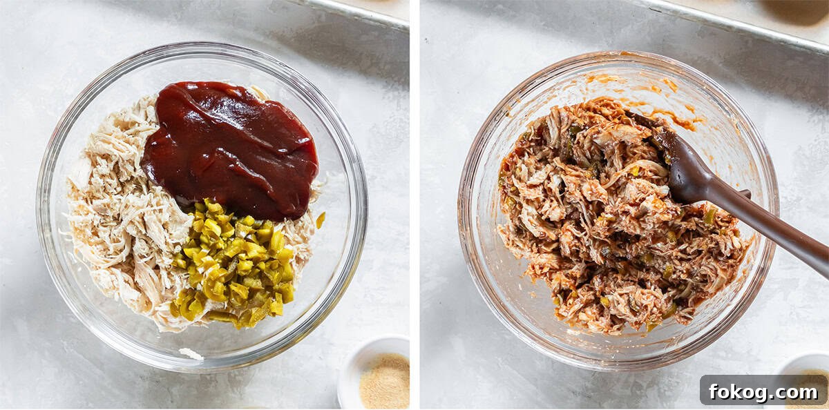 Two images of shredded chicken in a bowl with bbq sauce and jalapenos.