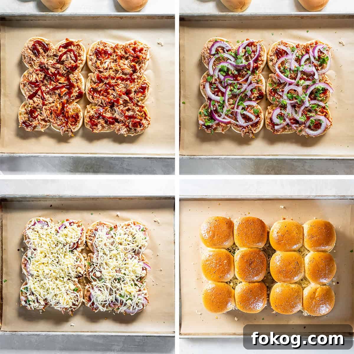 Four images of slider rolls with bbq chicken filling and cheese on a baking sheet lined with parchment paper.