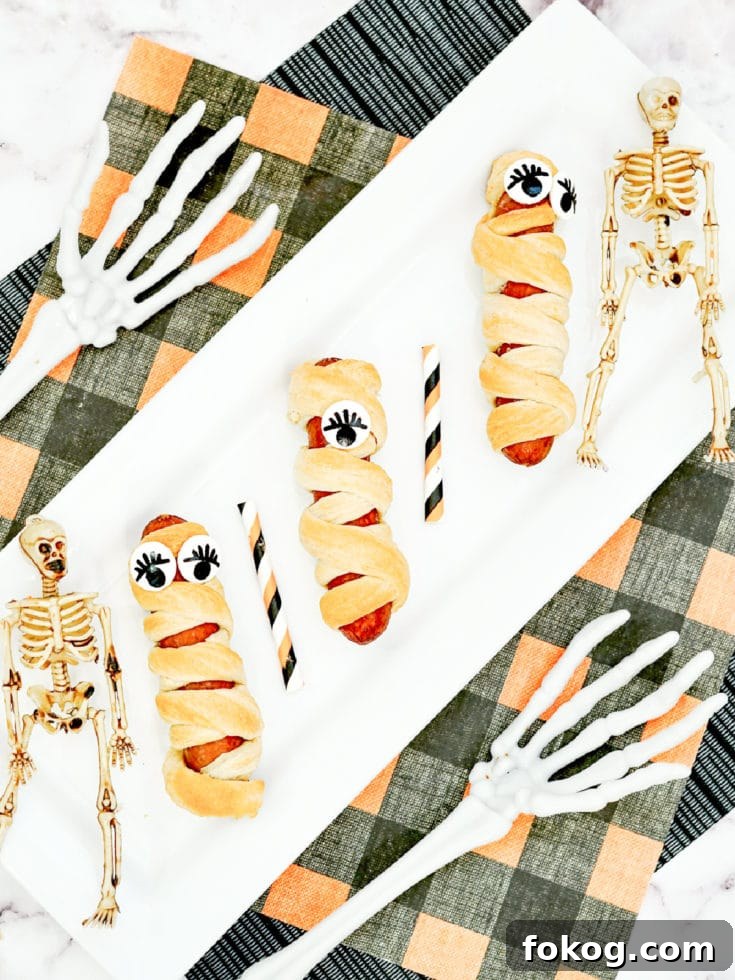 Mummy Hot Dogs Recipe for Halloween Party Snacks 2 Crescent roll hot dog mummies