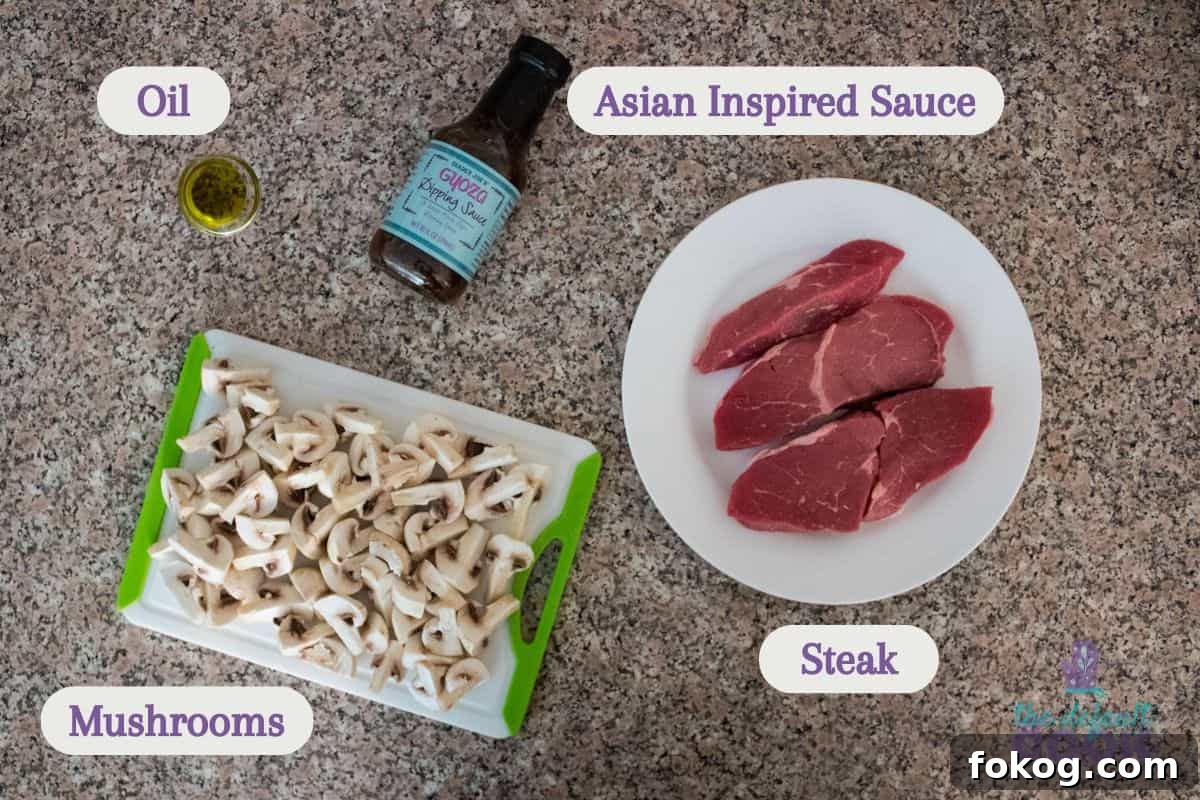 Kitchen counter with a plate of raw steaks, cutting board of quartered mushrooms, a bottle of Trader Joes gyoza sauce, and a small mise en place bowl of oil, and text by each ingredient to label it.