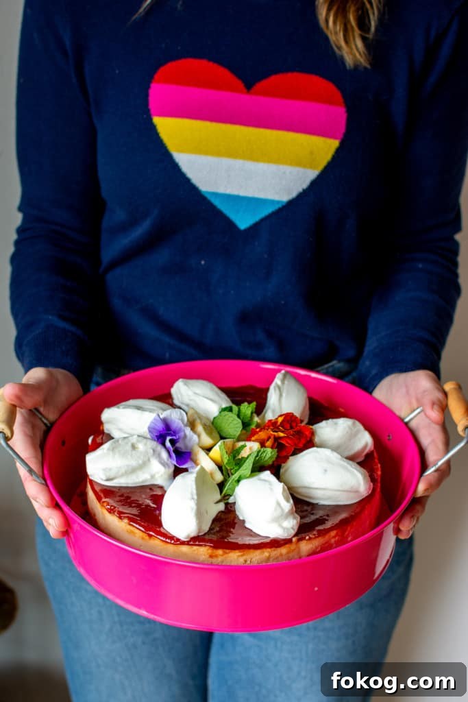 A woman holding a guava cheesecake with whipped cream on top. 