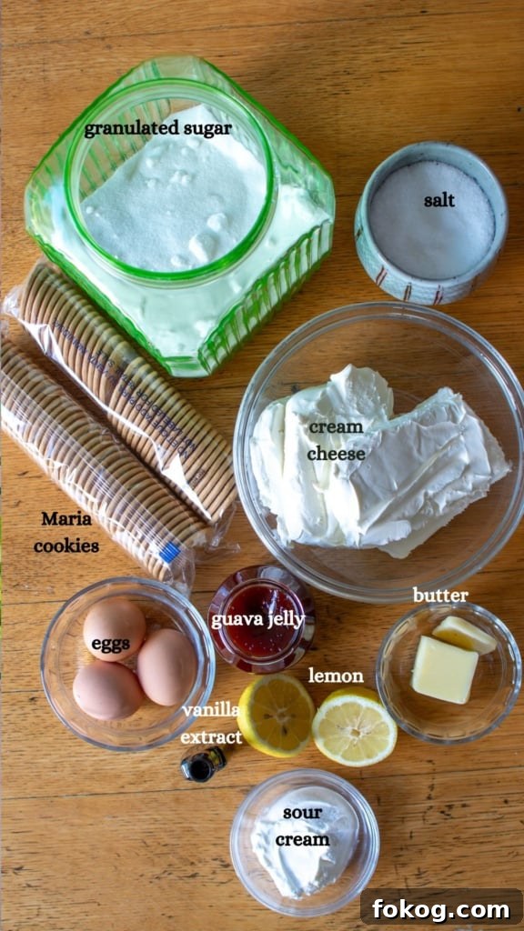 All the ingredients to make guava cheesecake including cream cheese and more. 