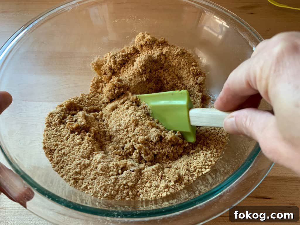 A hand mixing together the cookie crumb crust for the cheesecake. 