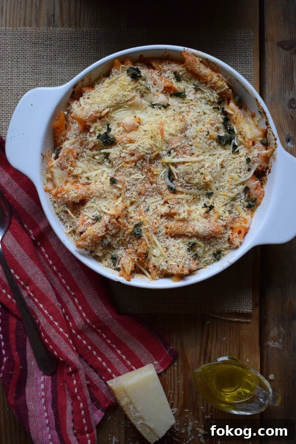 over head view of the Tomato & Mozzarella Baked Penne