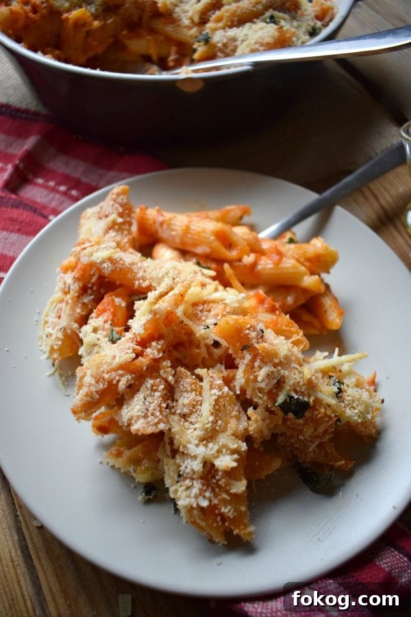tomato mozzarella baked penne on a plate
