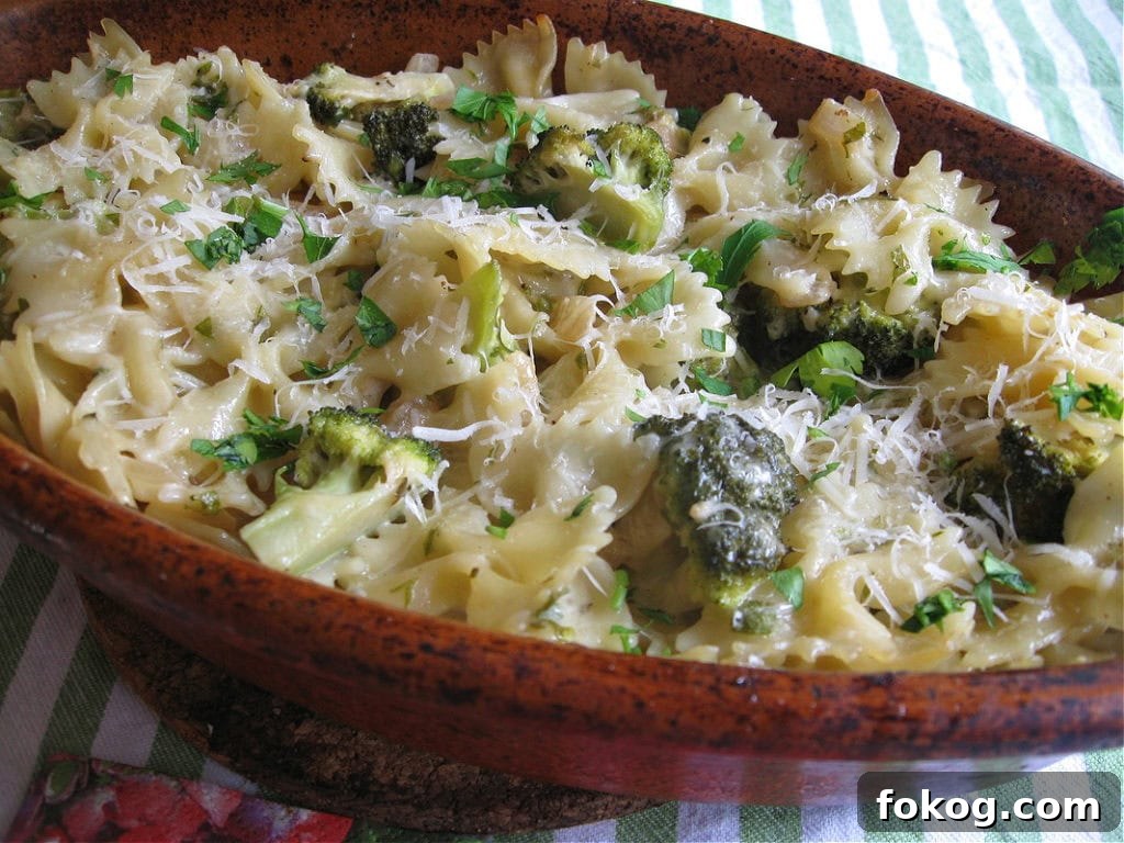 BOWTIE PASTA AND BROCCOLI BAKE IN A TERRA COTTA DISH