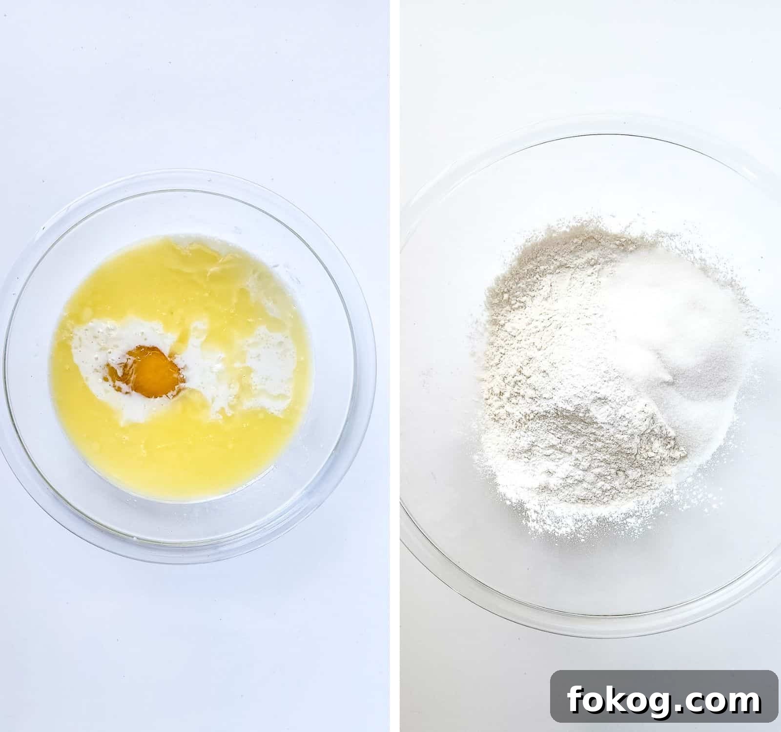 TikTok Viral Spaghetti Pancakes Recipe You Have to Try 4 wet and dry ingredients for spaghetti pancake batter in separate bowls