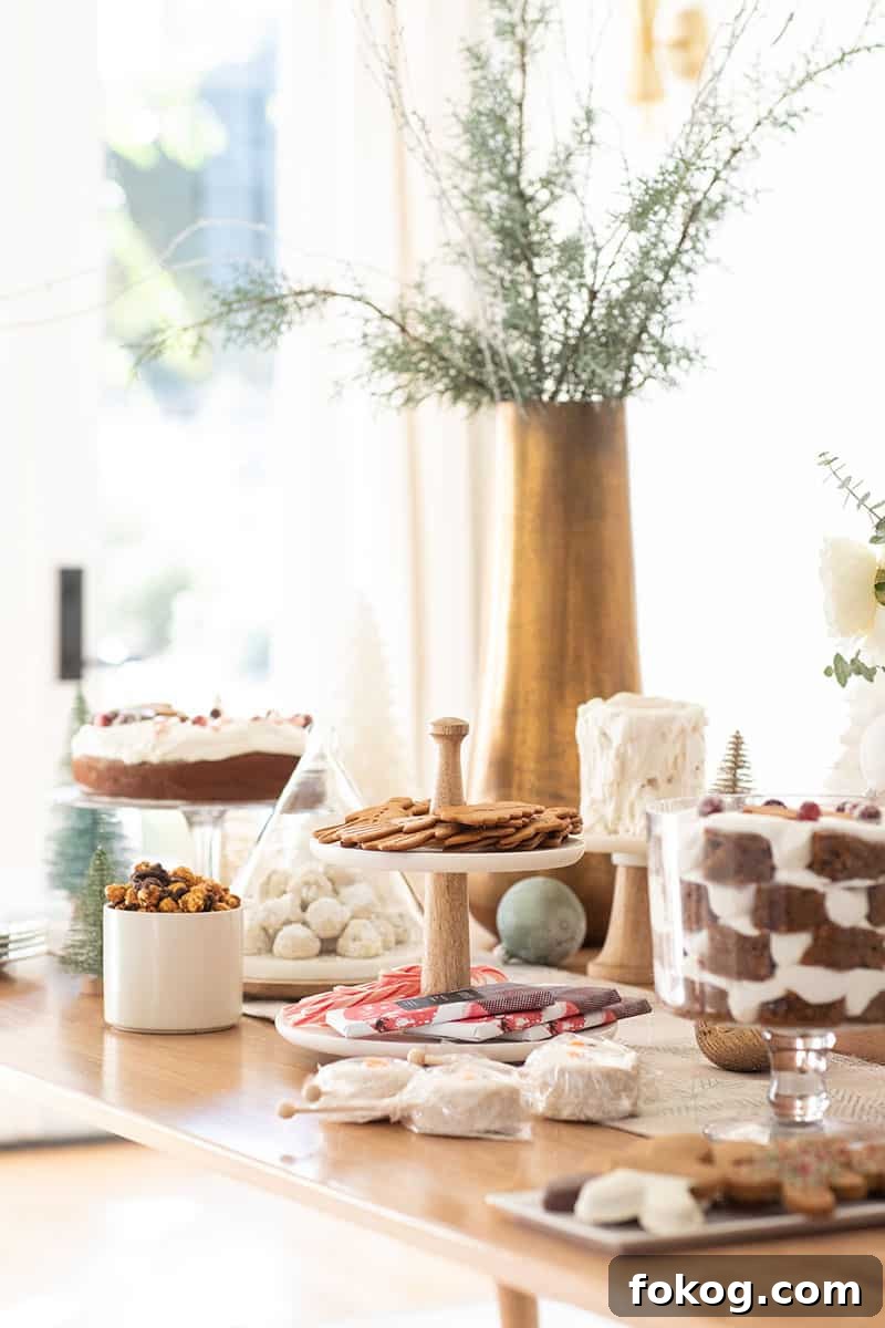 Christmas dessert table with cakes, cookies and candy.