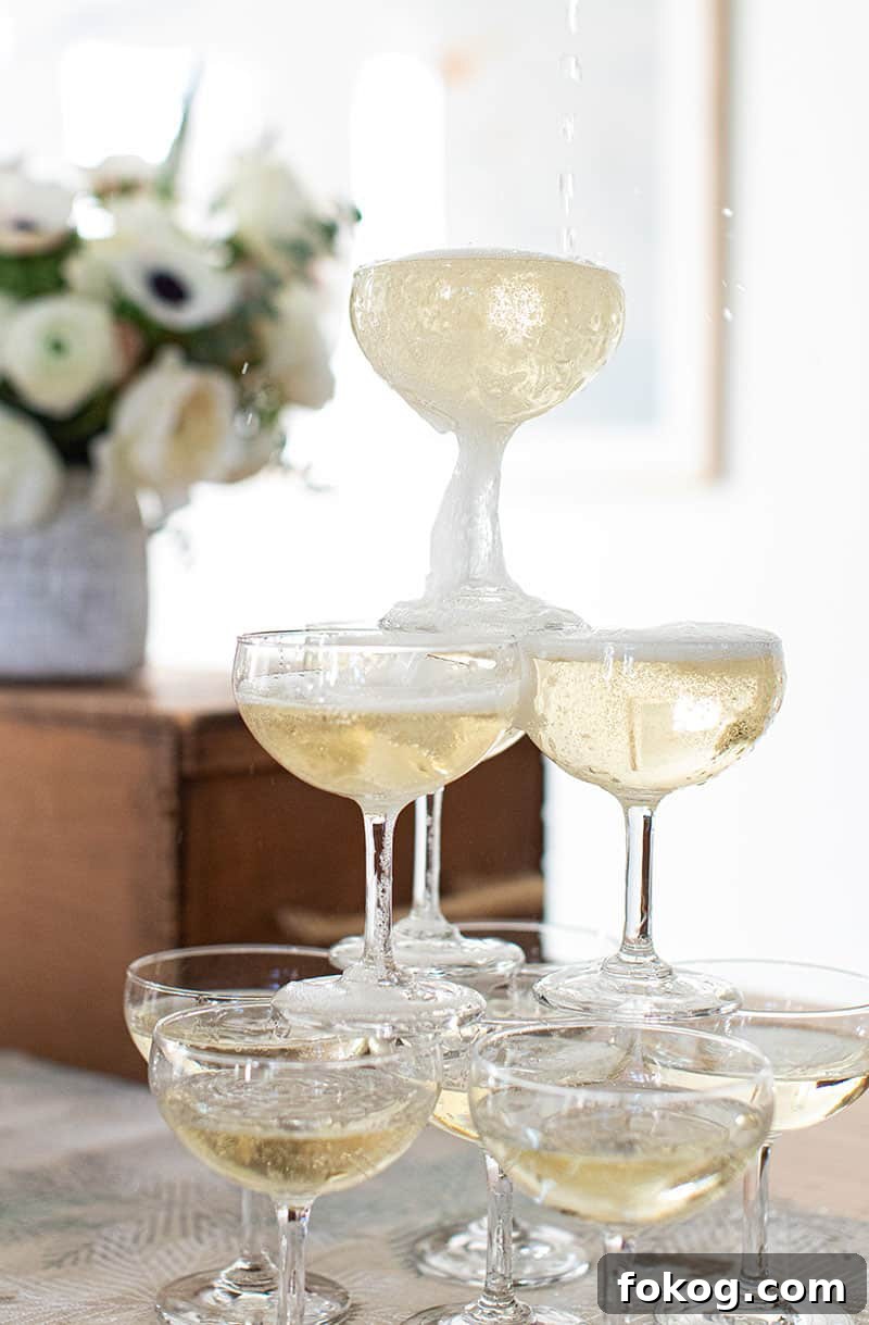 Champagne coupe glasses stacked wand filled with Champagne.
