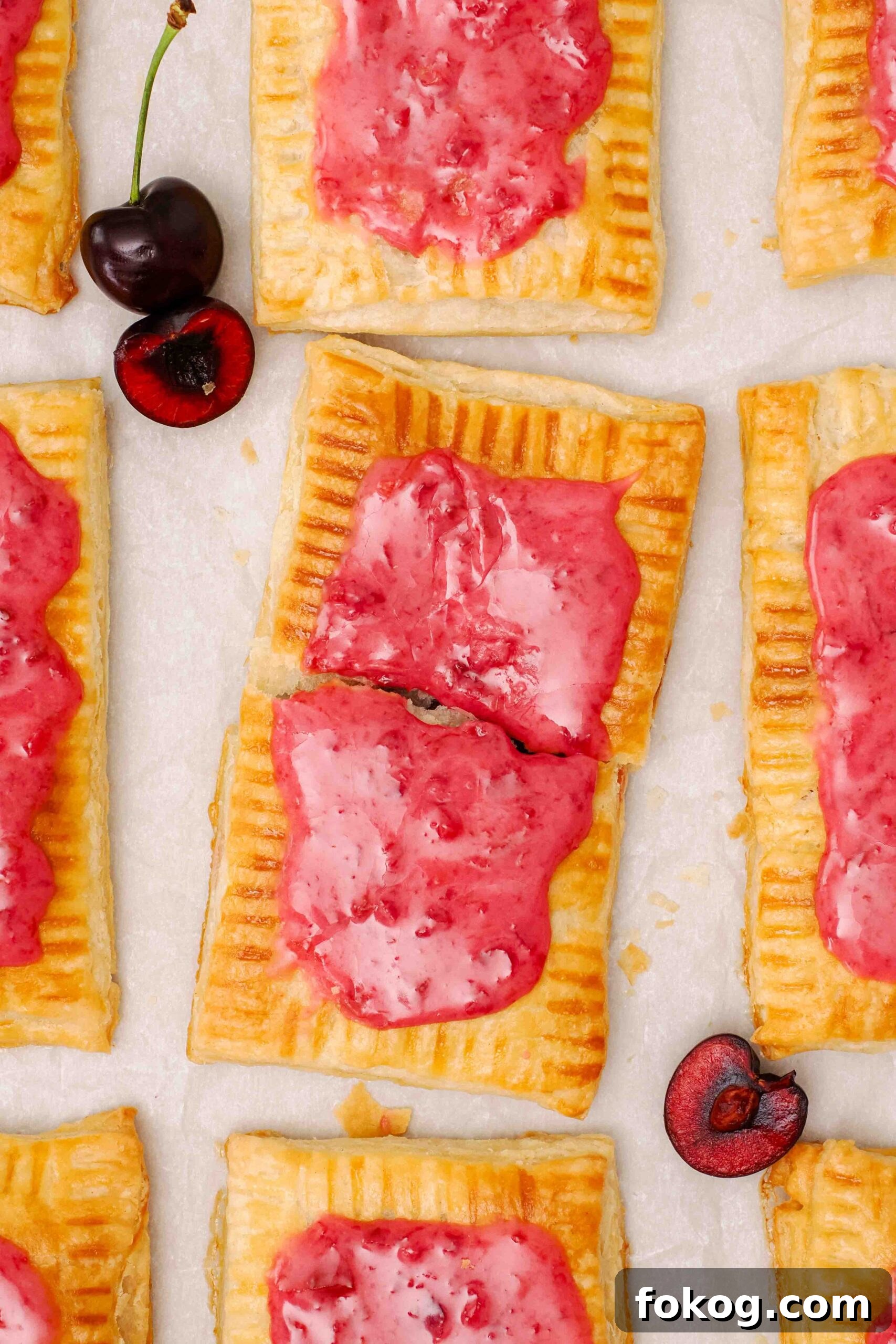 A homemade cherry pop tart broken in half on a baking sheet.