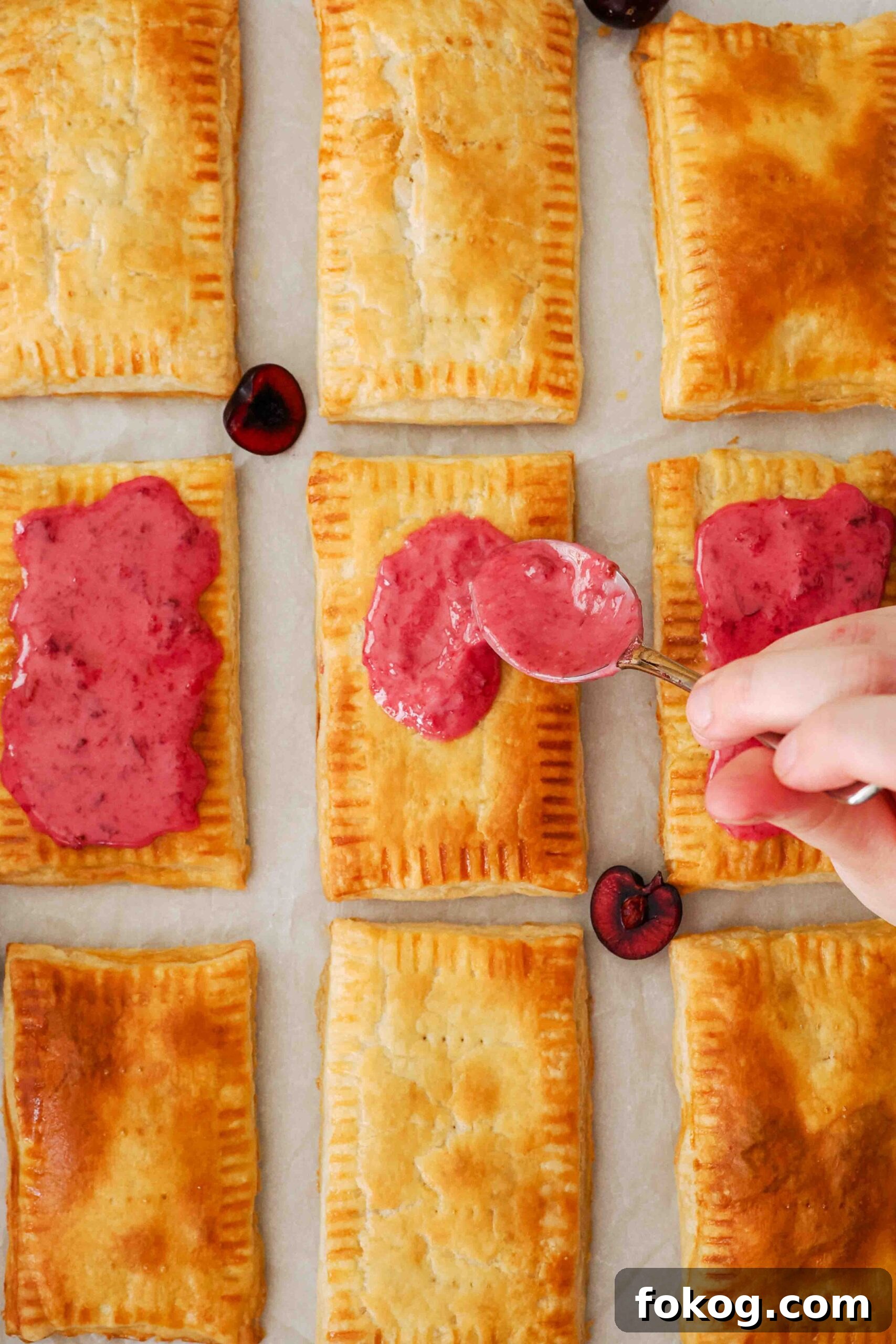 A spoon spreads cherry frosting on homemade cherry pop tarts.