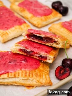 A homemade cherry Pop Tart broken in half on a baking sheet.