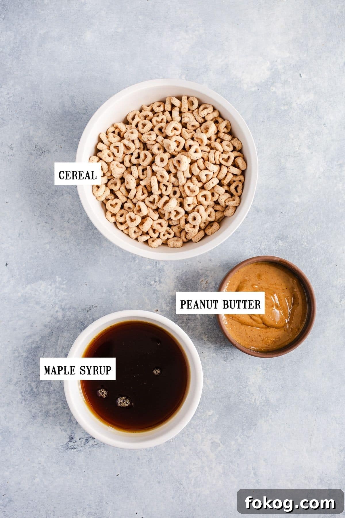 3-Ingredient Peanut Butter Cereal Energy Bites 3 Ingredients for snack bites in small bowls.