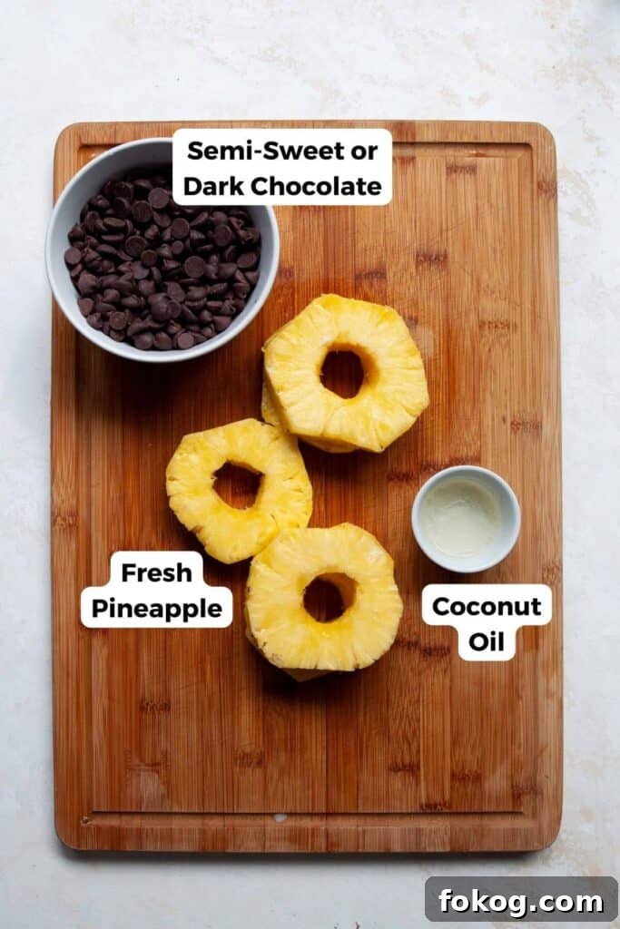 Chocolate-Covered Pineapple Recipe: Sweet Tropical Treat in Minutes 3 the three ingredients on a cutting board with labels