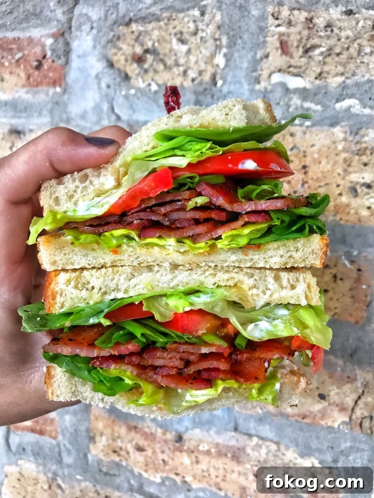 Two halves of a finished BLT being held in one hand, one above the other.