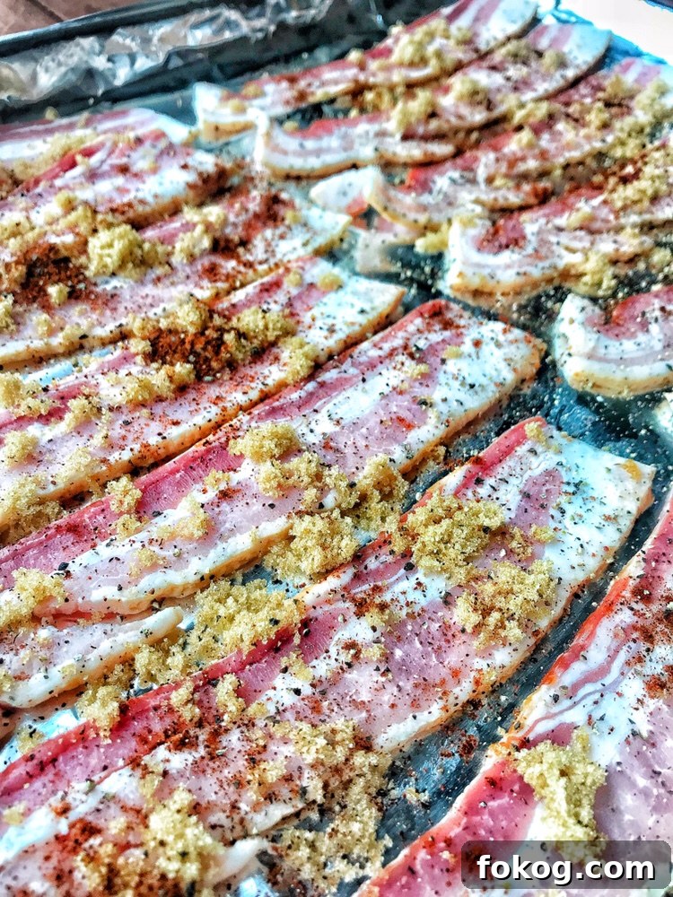 A close up view of raw bacon slices covered in pepper, brown sugar, and chili powder.