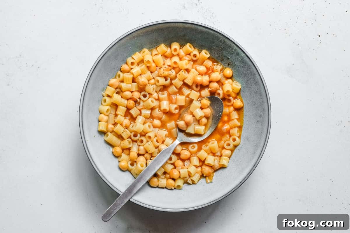 Classic Italian Pasta e Ceci Recipe: Hearty Chickpea Pasta Bowl 2 a bowl of Italian pasta e ceci taken from above
