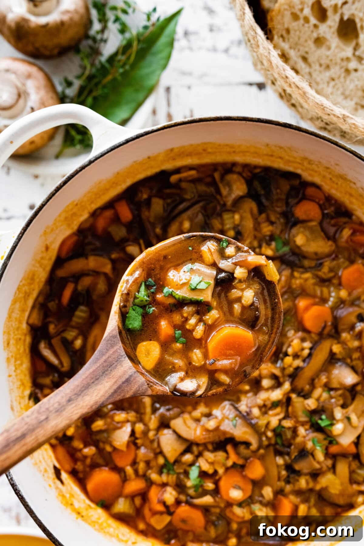Ladle of mushroom barley soup over a Dutch oven.