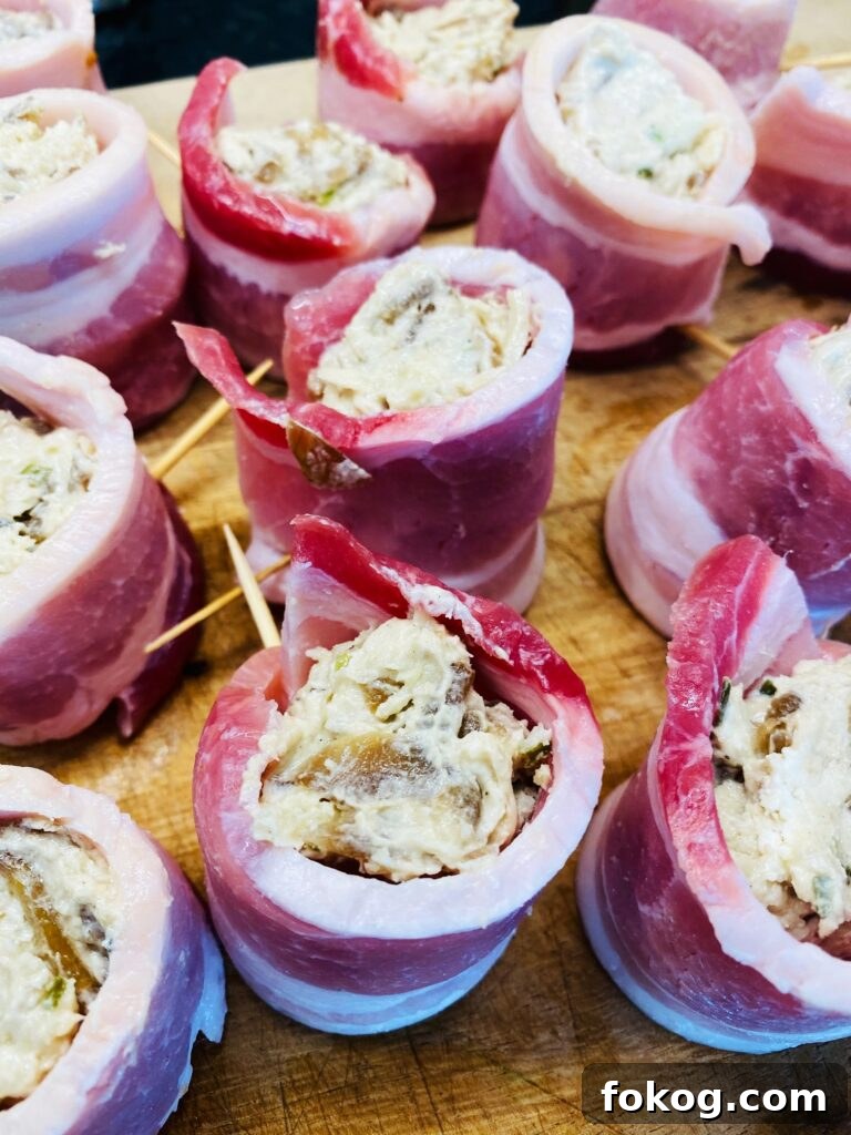 Cheesy Caramelized Onion Bacon-Wrapped Pig Shots: Party Appetizer 5 filled shots before cooking