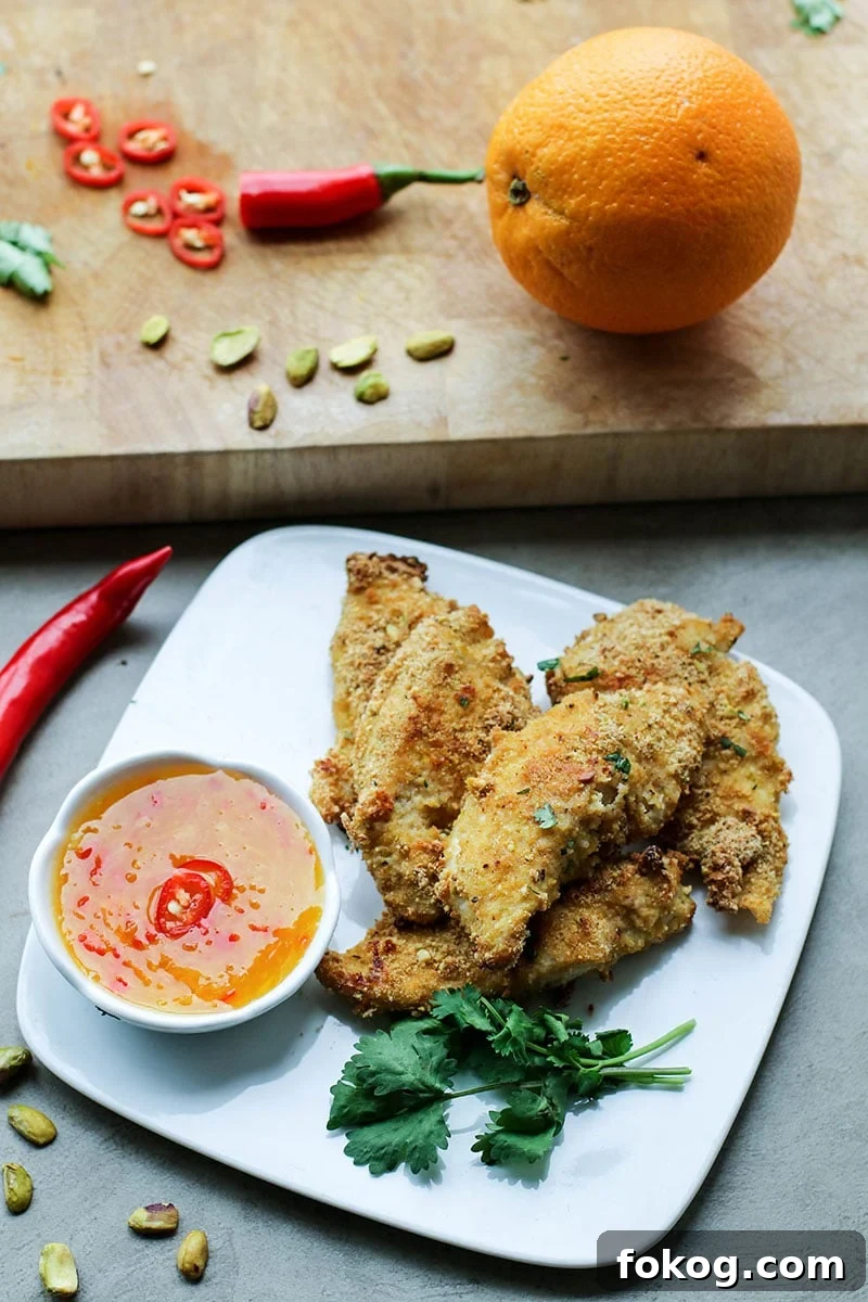 A plate of chicken fingers coated with pistachios served with an orange chili dipping sauce.