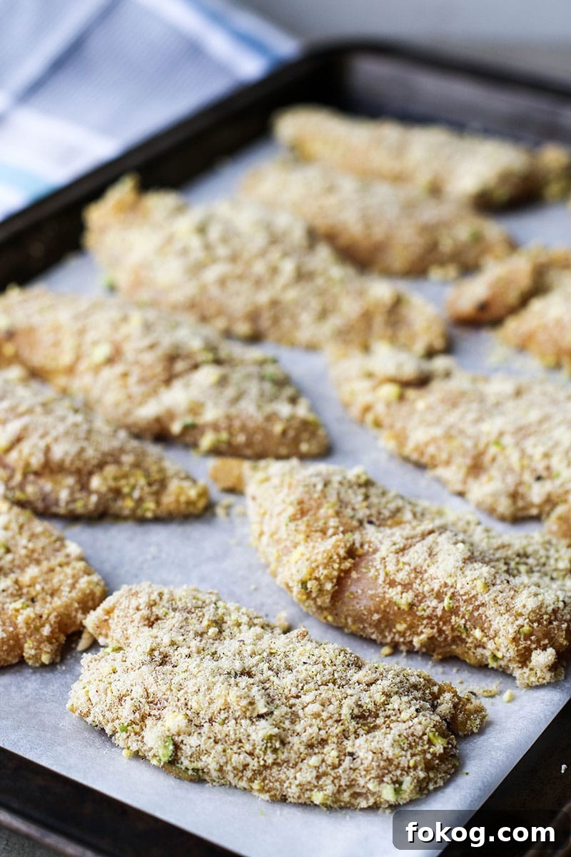 Pieces of chicken coated in egg and a pistachio flour.