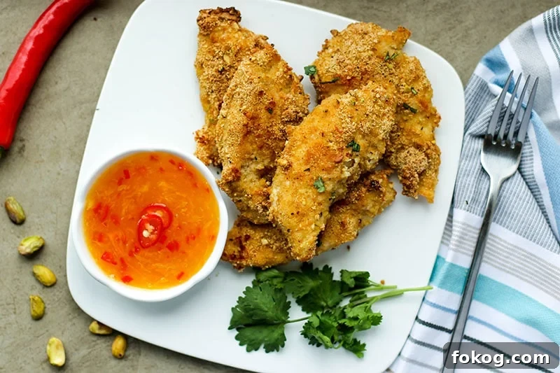 A plate of pistachio crusted baked chicken fingers with a ramekin of orange chili dipping sauce.