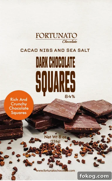 6 Organic Chocolate Brands Low in Heavy Metals 9 A Fortunato Chocolate packaging for 84% dark chocolate squares with cacao nibs and sea salt