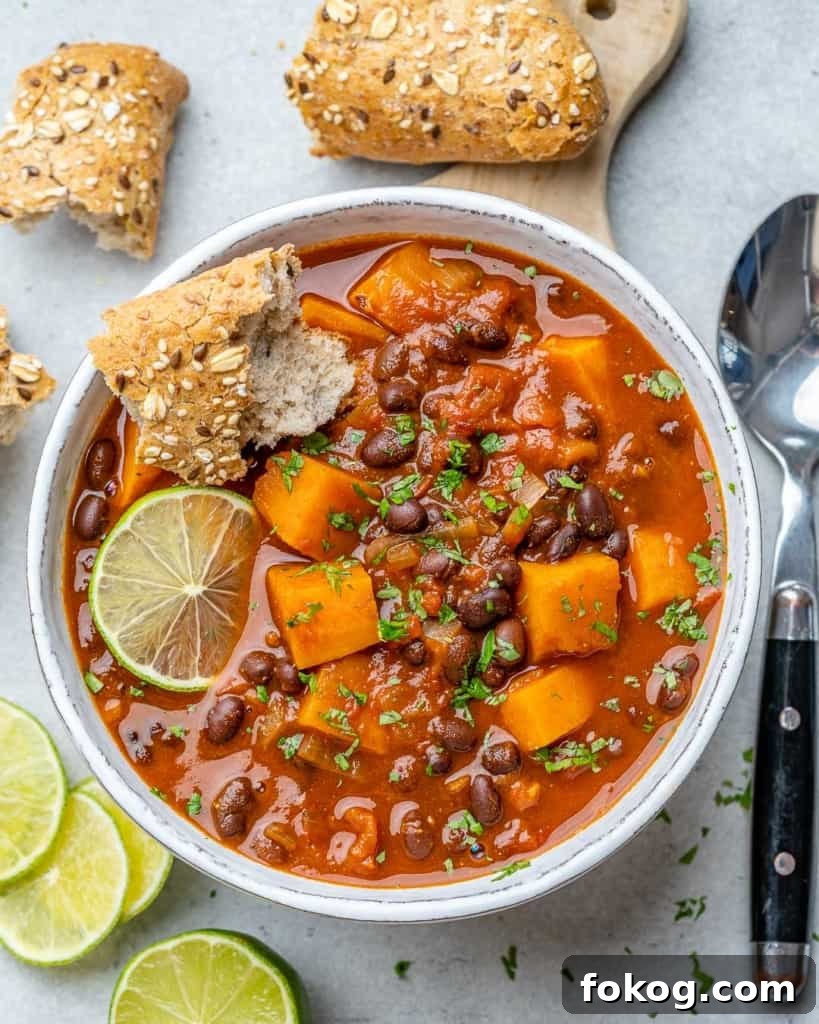 Top-down shot of sweet potato chili in a white bowl.